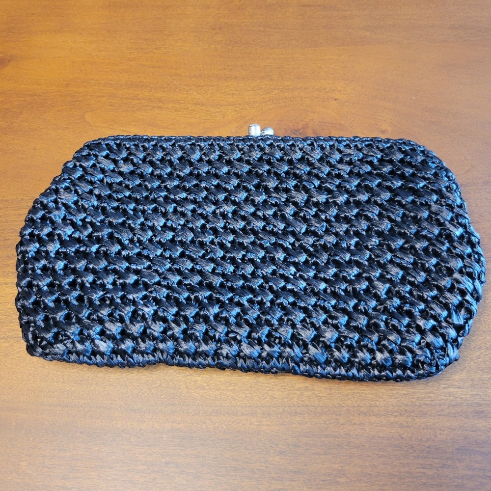 Vintage Codette Hand Crocheted Black Clutch Rhinestone Kiss Lock Japan Woven Bag